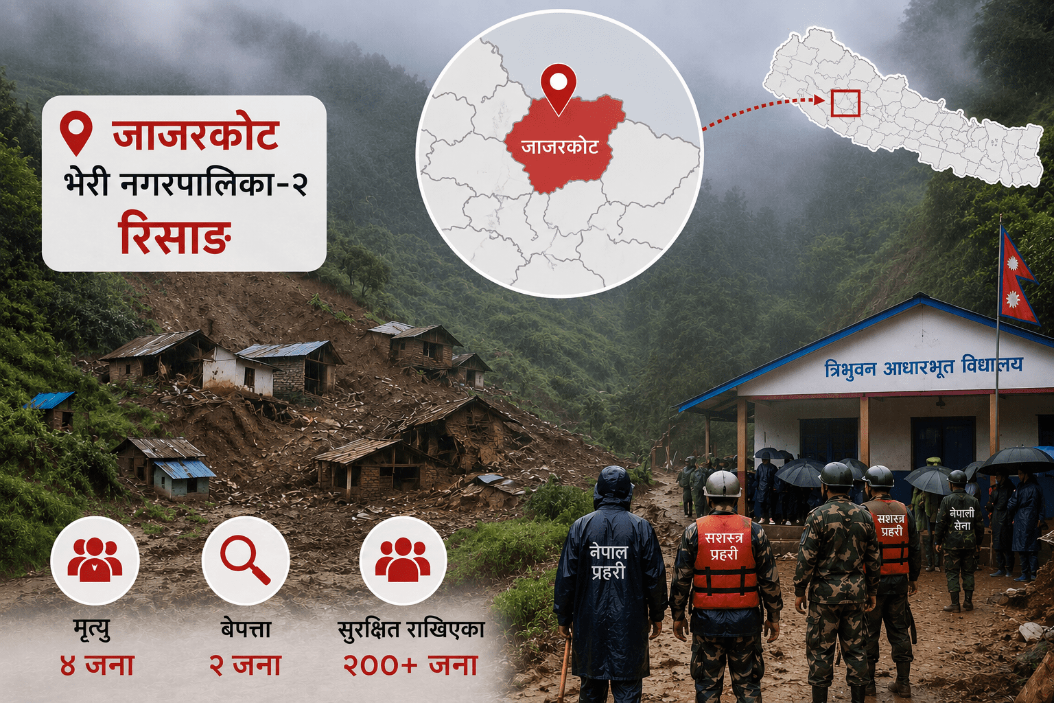 जाजरकोट पहिरोमा मृत्यु हुनेको संख्या चार पुग्यो, दुई जना अझै बेपत्ता