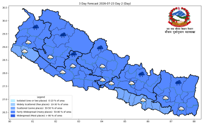 कोशी, बागमती, गण्डकी, लुम्बिनी र कर्णाली प्रदेशका केही स्थानमा भारी वर्षाको पूर्वानुमान