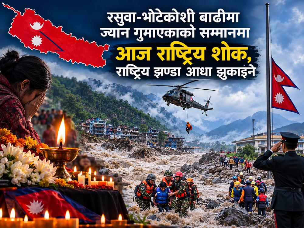 रसुवा-भोटेकोशी बाढीमा ज्यान गुमाएकाको सम्मानमा आज राष्ट्रिय शोक, राष्ट्रिय झण्डा आधा झुकाइने     