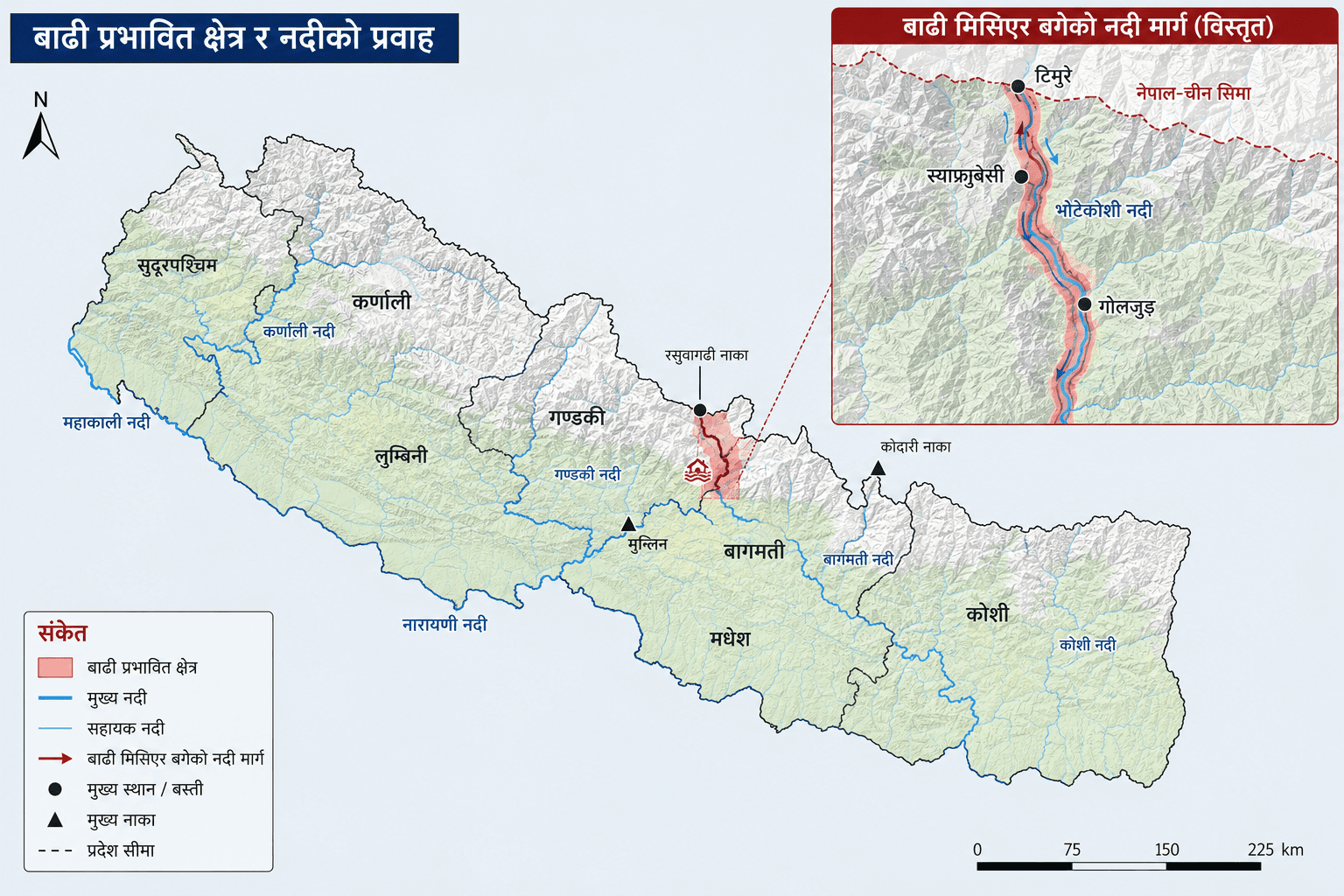 रसुवामा भीषण बाढी, स्याफ्रुबेँसी र टिमुरेमा गम्भीर क्षति