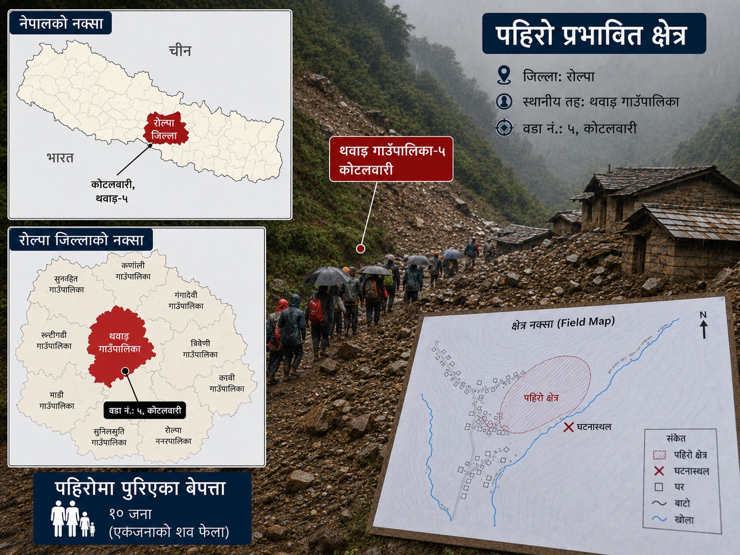 रोल्पामा पहिरोमा पुरिएका १० मध्ये एक जनाको शव फेला